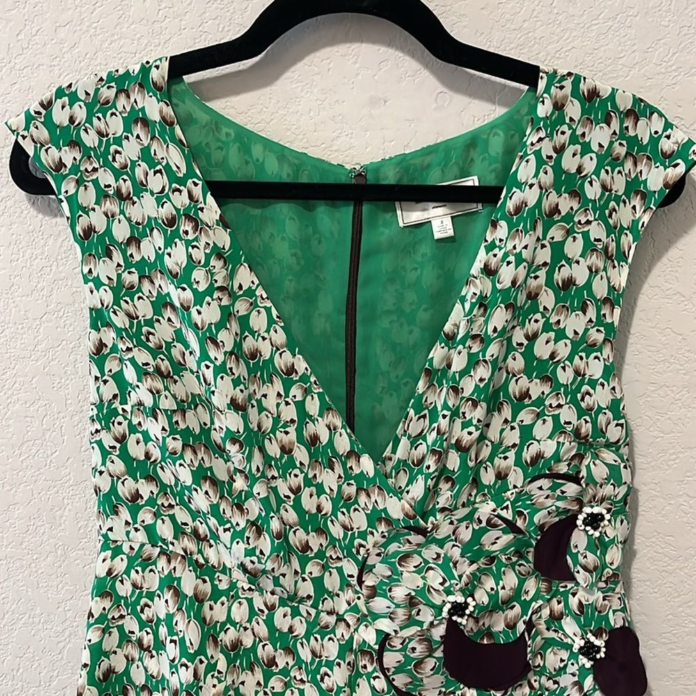 MOULINETTE SOEURS (Anthropologie) Silk Green/Brown Tulip Dress, Size 2 - Picture 2 of 6